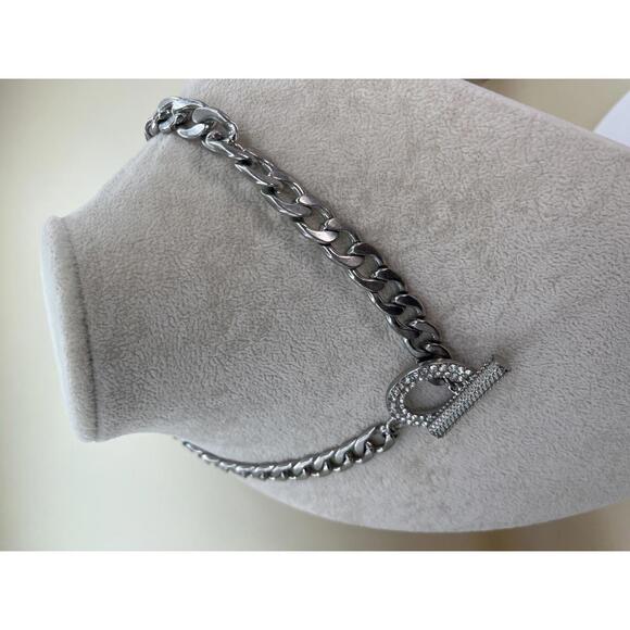 Silver Chain Necklace with Rhinestone Toggle Clasp - Picture 2 of 6